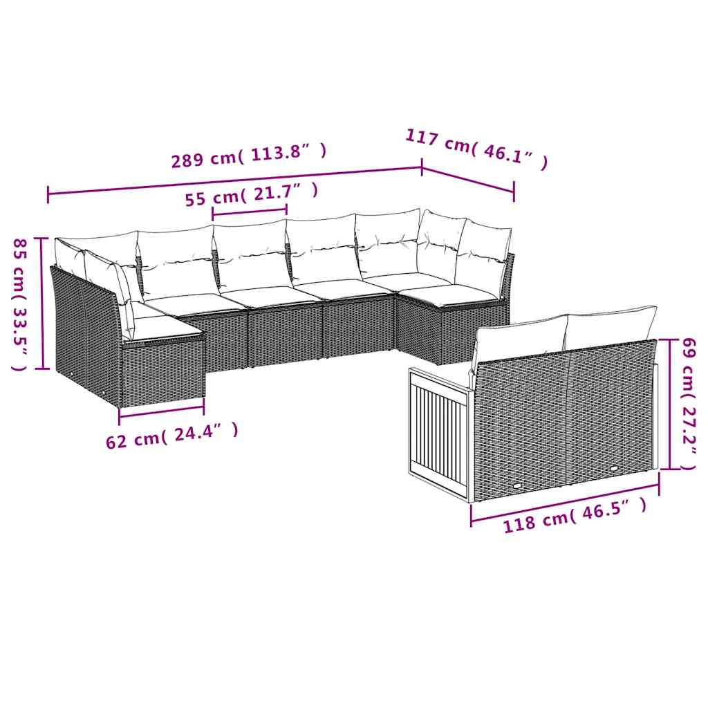 Set Divani da Giardino 9 pz con Cuscini Nero in Polyrattan | homemem39