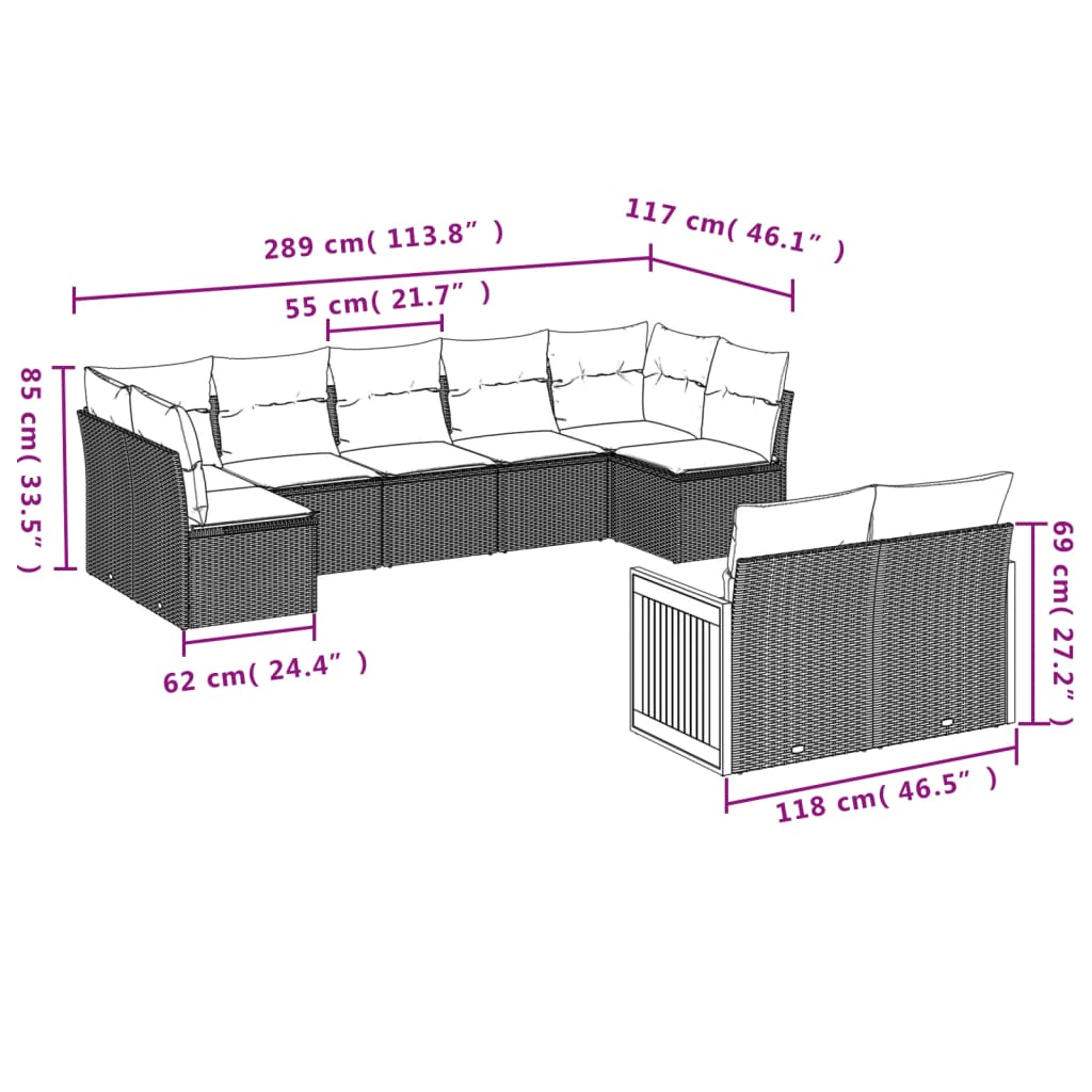 Set Divani da Giardino 9 pz con Cuscini Nero in Polyrattan | homemem39