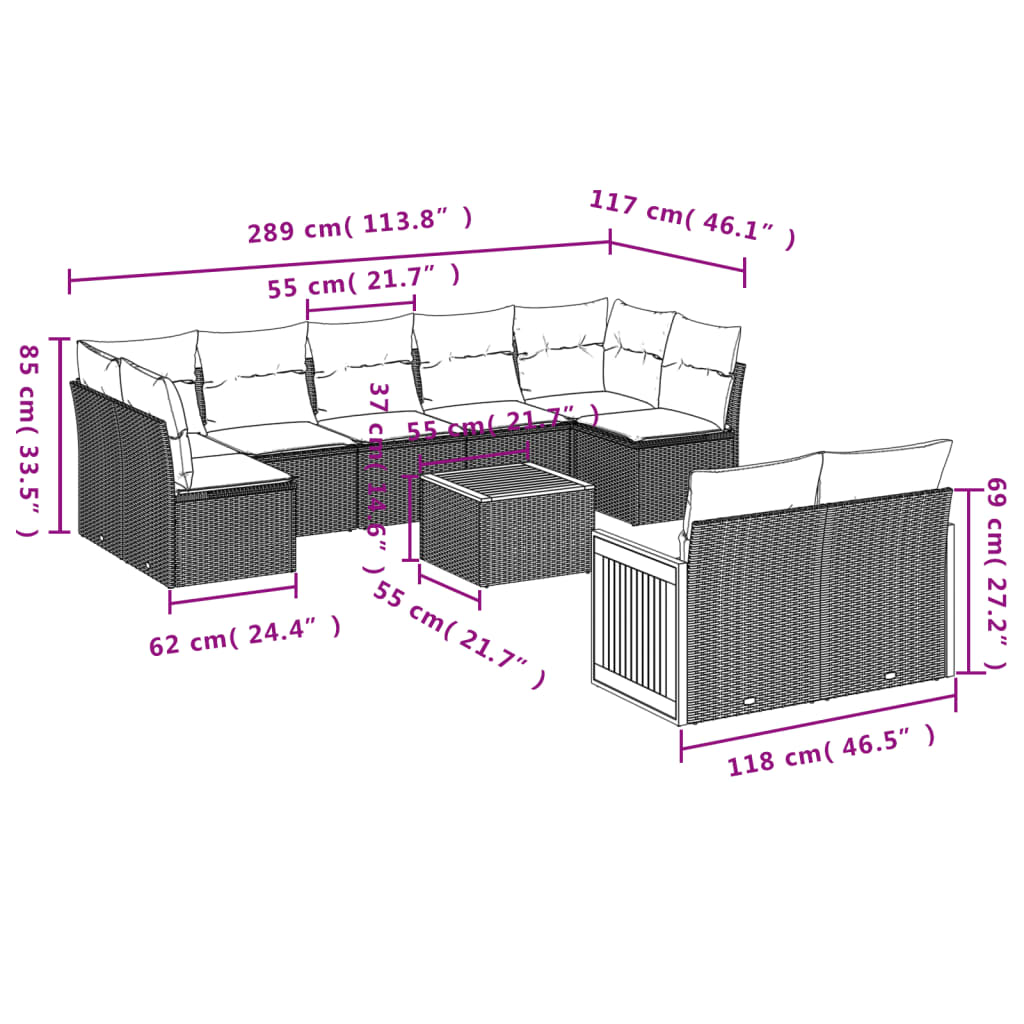 Set Divano da Giardino 10 pz con Cuscini Grigio in Polyrattan | homemem39