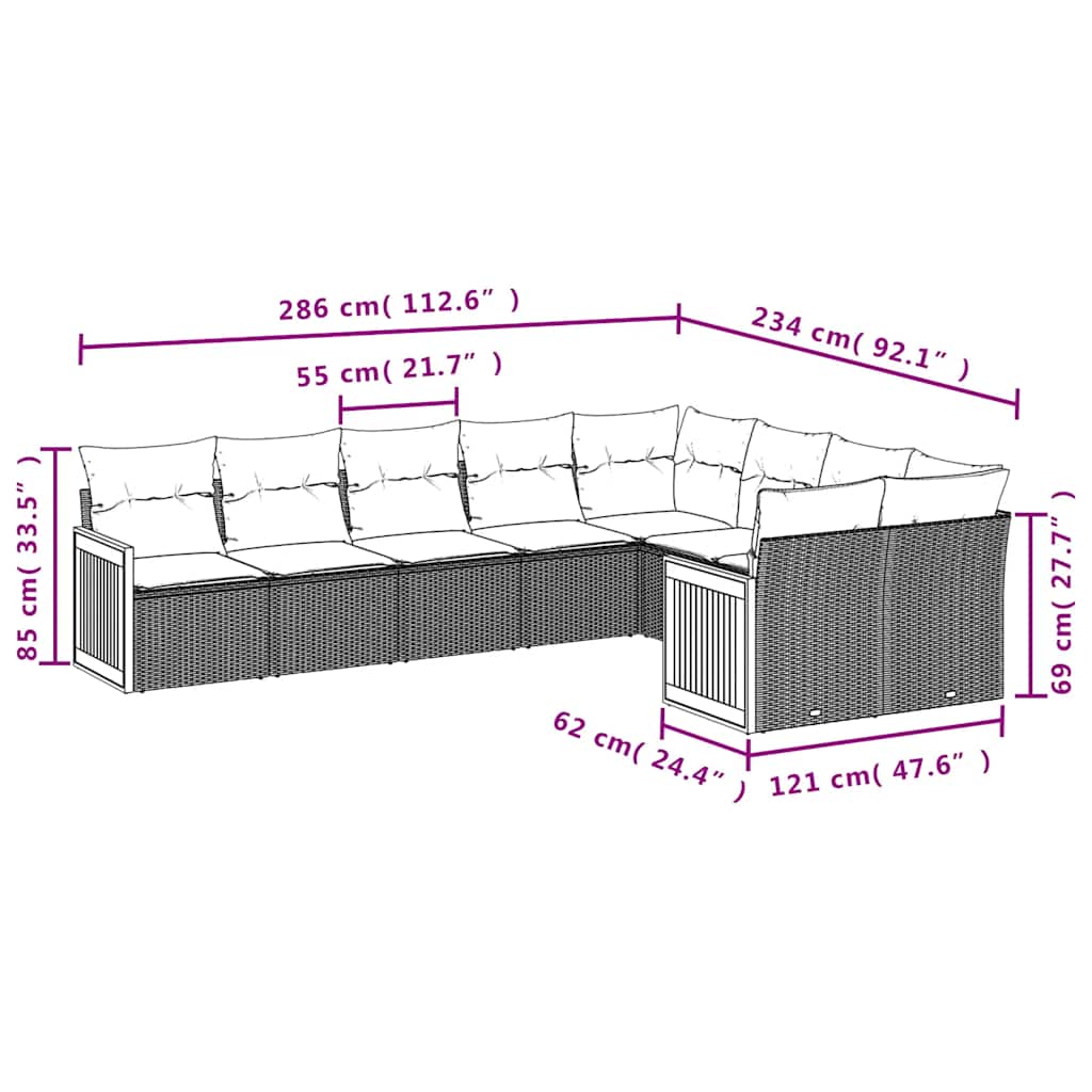Set Divani da Giardino 9 pz con Cuscini Nero in Polyrattan | homemem39