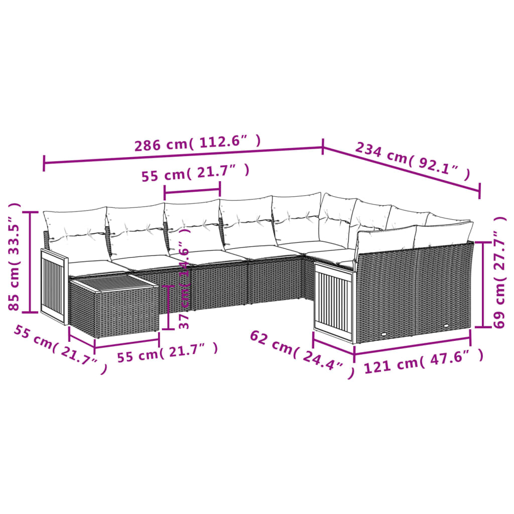 Set Divani da Giardino 10pz con Cuscini in Polyrattan Nero | homemem39
