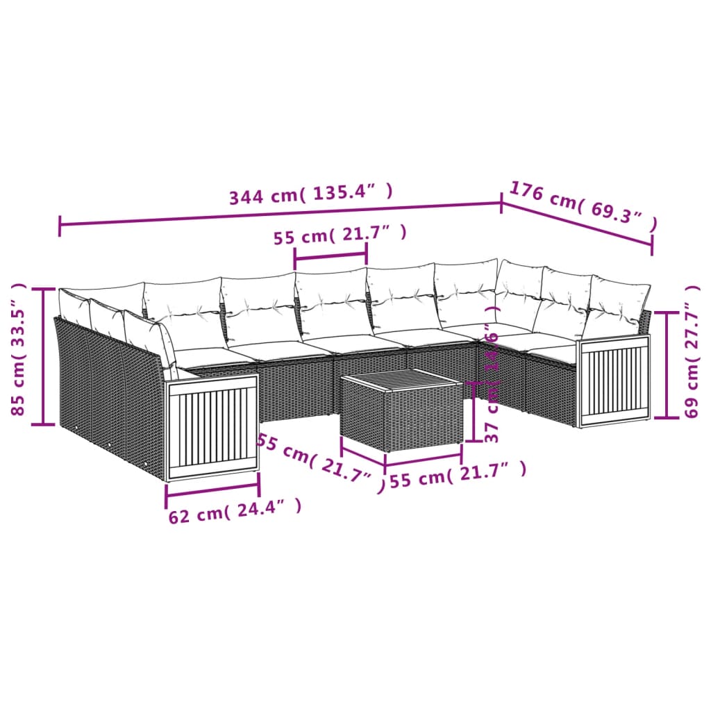 Set Divani da Giardino 11 pz con Cuscini Beige in Polyrattan | homemem39