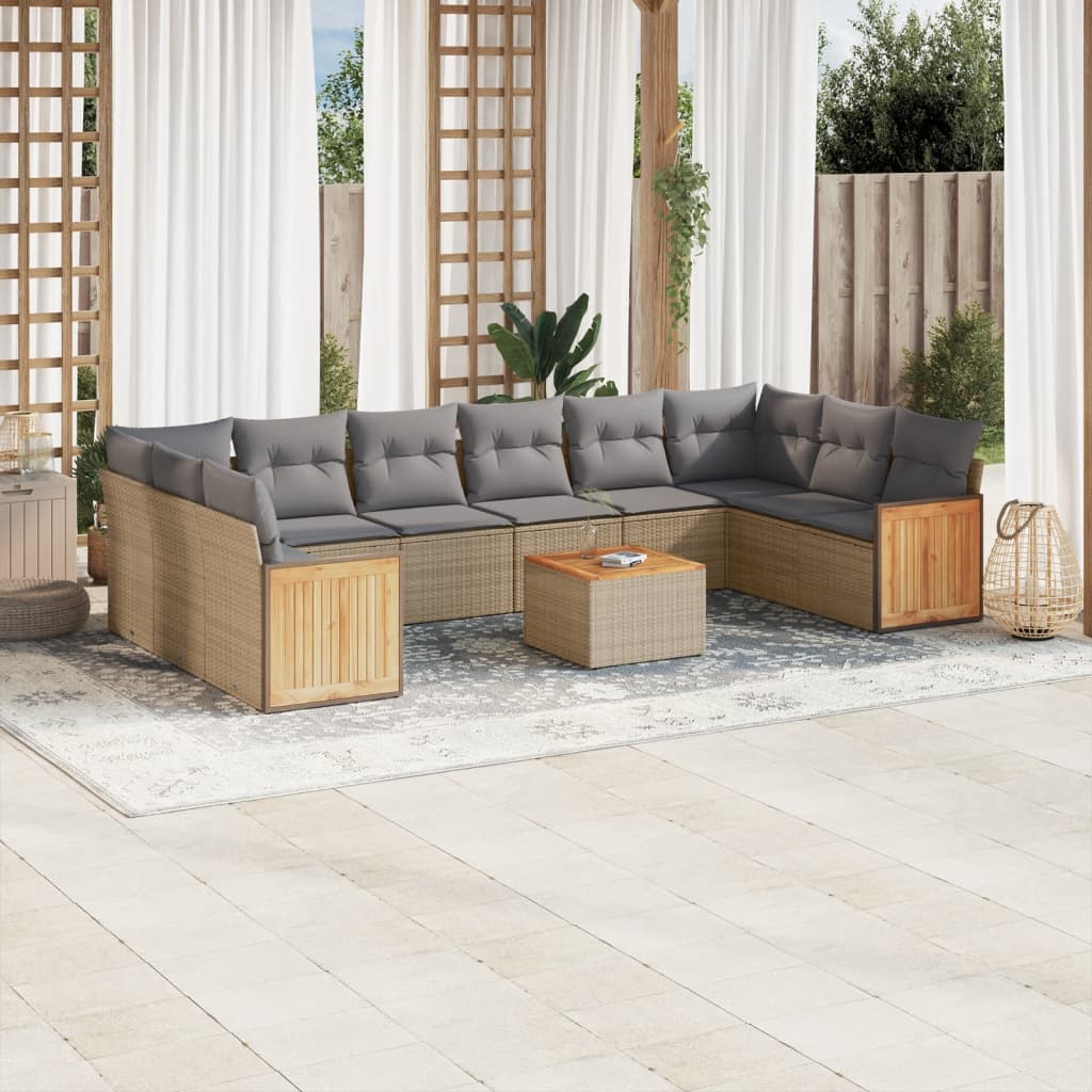 Set Divani da Giardino 11 pz con Cuscini Beige in Polyrattan - homemem39