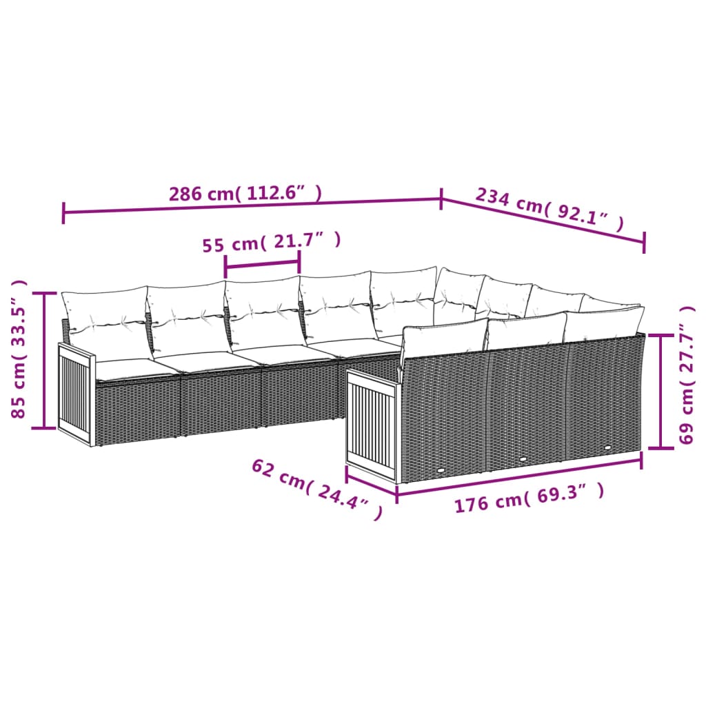 Set Divano da Giardino 10 pz con Cuscini Grigio in Polyrattan | homemem39