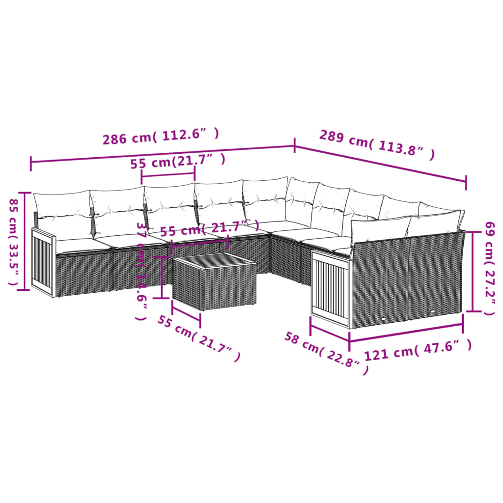 Set Divani da Giardino 11 pz con Cuscini Beige in Polyrattan | homemem39