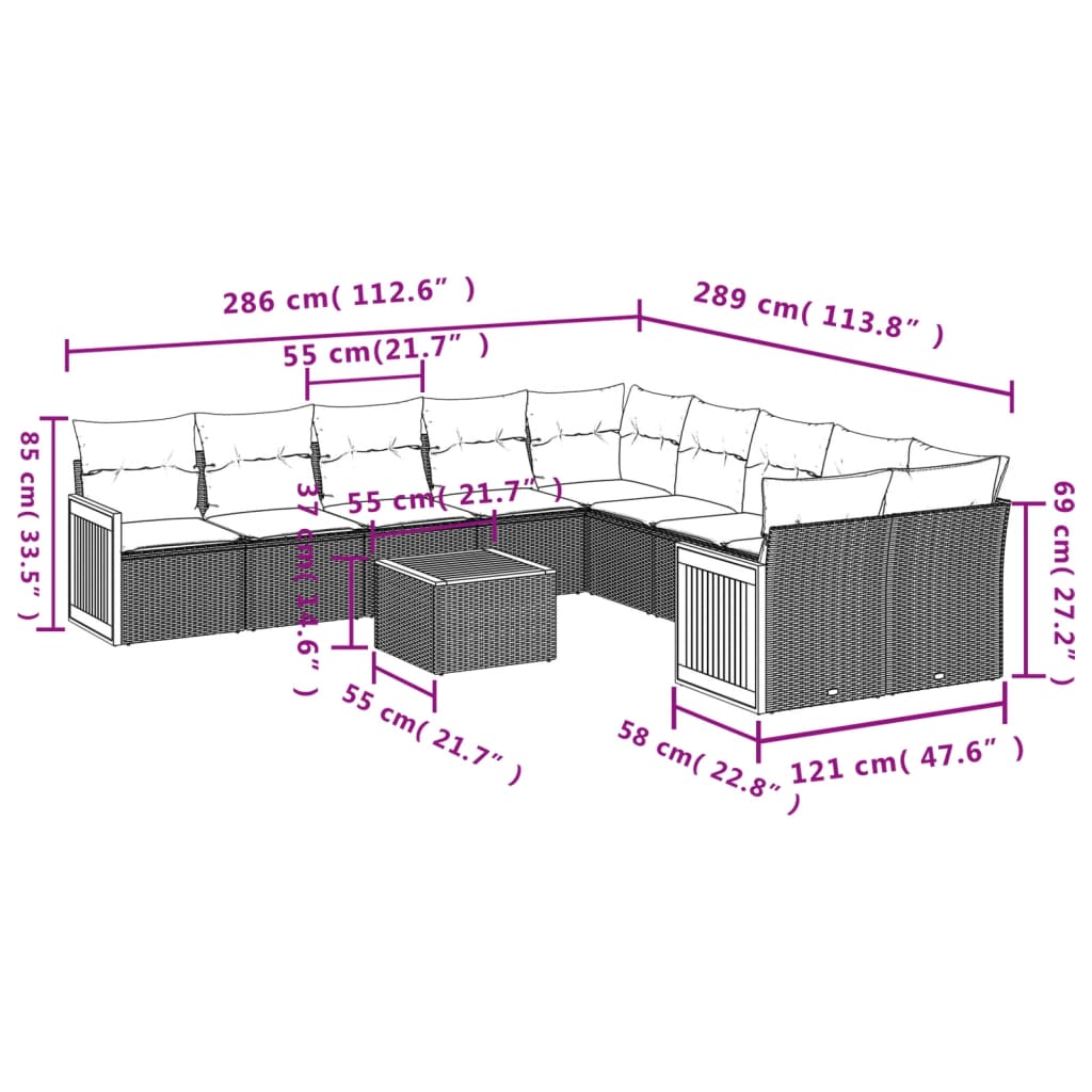 Set Divani da Giardino 11 pz con Cuscini in Polyrattan Grigio | homemem39