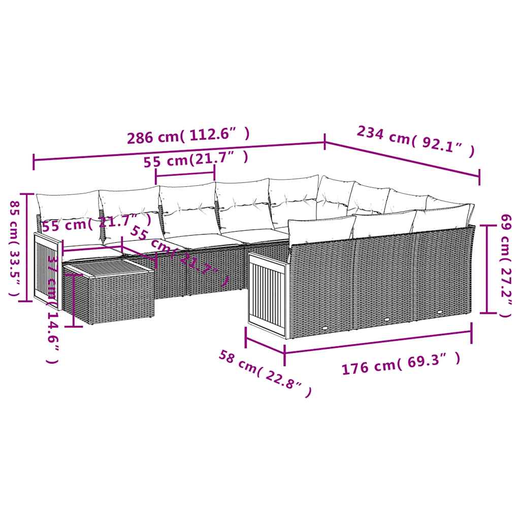 Set Divani da Giardino 11 pz con Cuscini in Polyrattan Nero | homemem39