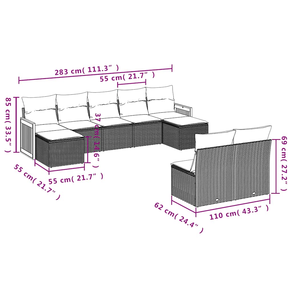 Set Divani da Giardino 9 pz con Cuscini Nero in Polyrattan | homemem39
