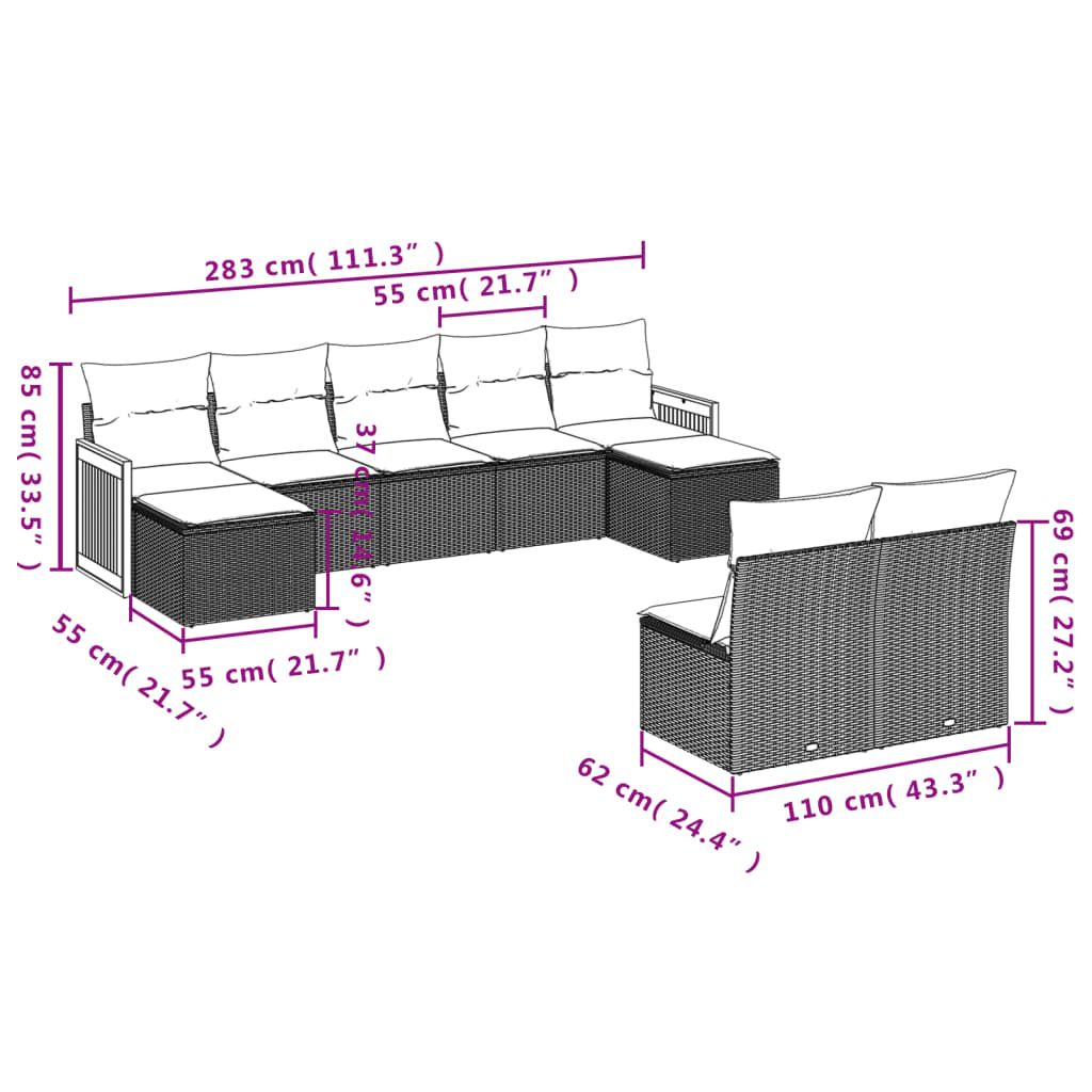 Set Divano da Giardino 9 pz con Cuscini Beige in Polyrattan | homemem39