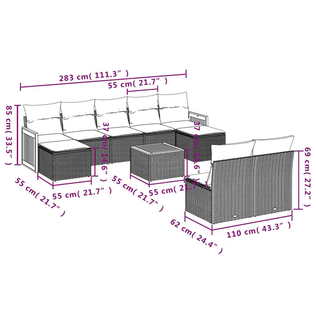 Set Divani da Giardino 10pz con Cuscini in Polyrattan Nero | homemem39