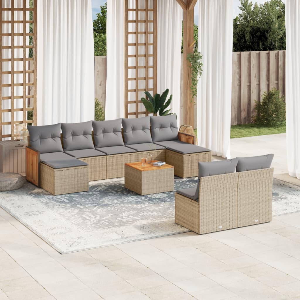 Set Divano da Giardino 10 pz con Cuscini Beige in Polyrattan - homemem39