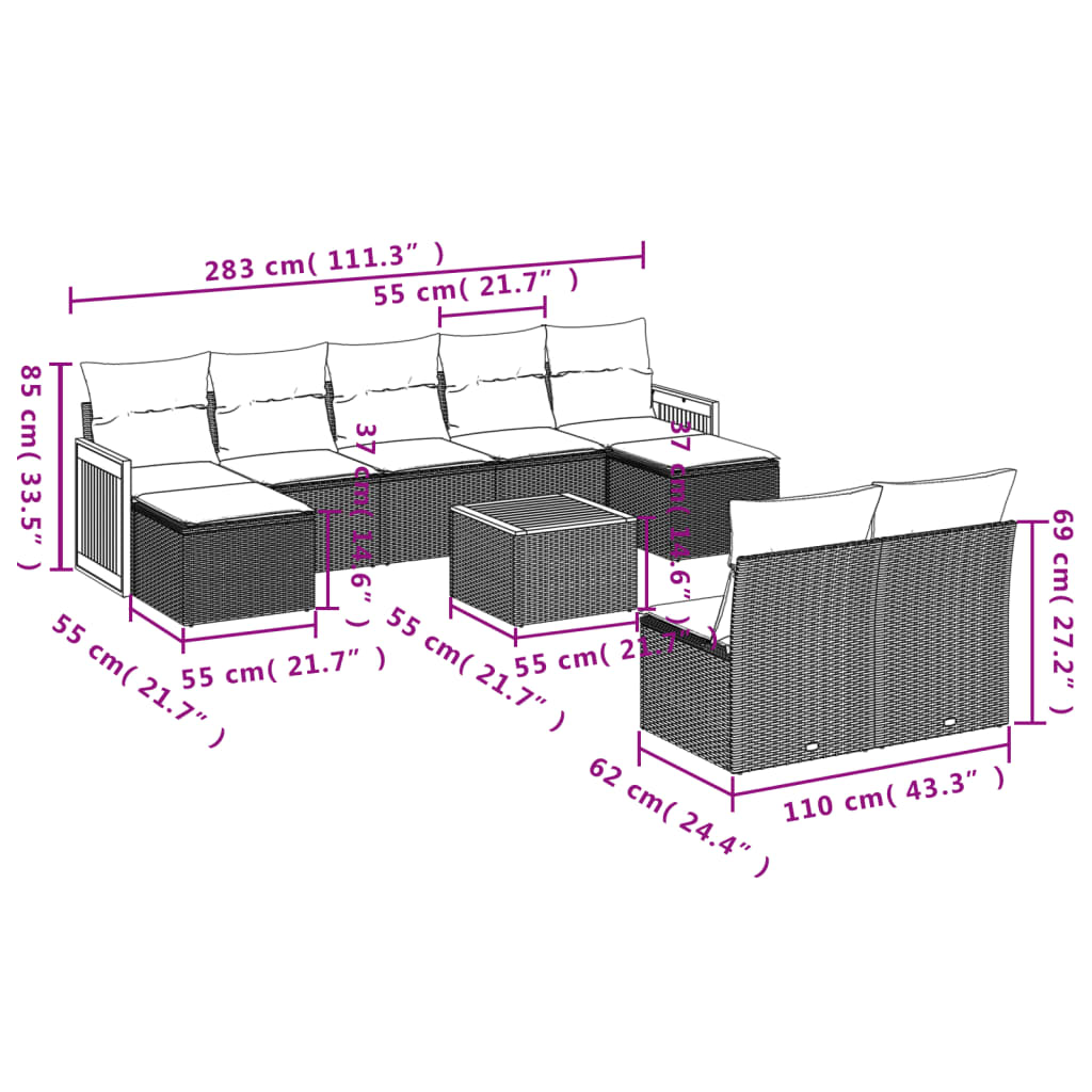 Set Divano da Giardino 10 pz con Cuscini Grigio in Polyrattan | homemem39