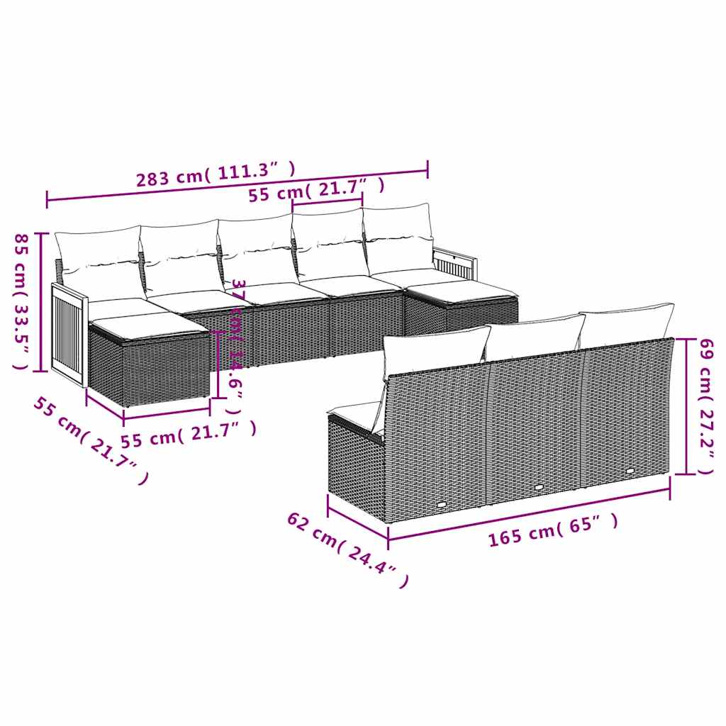 Set Divani da Giardino 10pz con Cuscini in Polyrattan Nero | homemem39