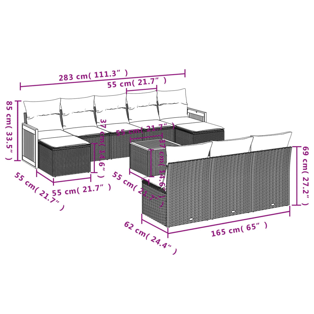 Set Divani da Giardino 11 pz con Cuscini in Polyrattan Grigio | homemem39