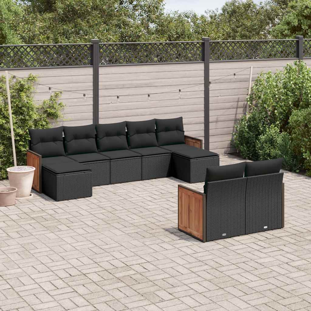 Set Divani da Giardino 9 pz con Cuscini Nero in Polyrattan | homemem39