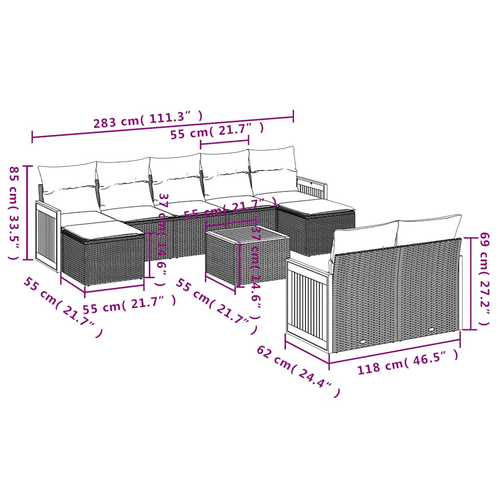 Set Divani da Giardino 10pz con Cuscini in Polyrattan Nero | homemem39
