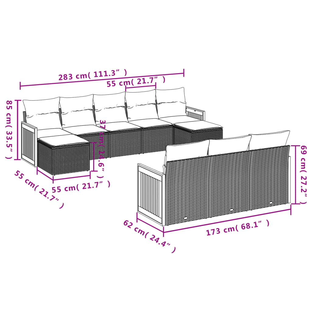 Set Divano da Giardino 10 pz con Cuscini Beige in Polyrattan | homemem39