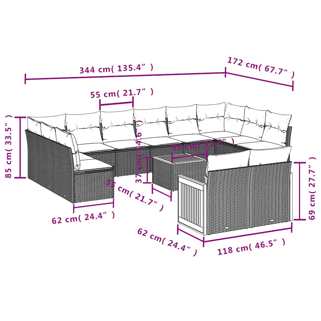 Set Divani da Giardino 13pz con Cuscini Nero in Polyrattan | homemem39
