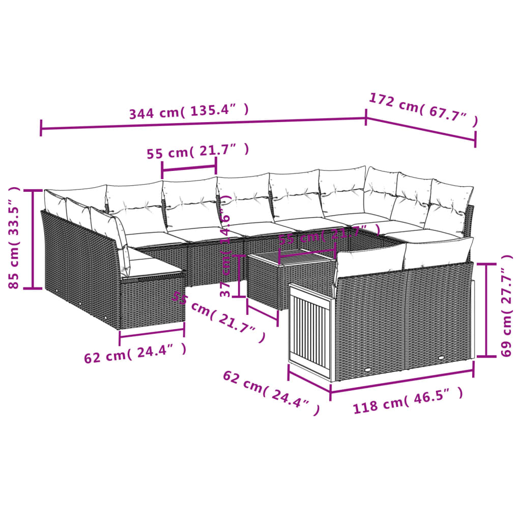 Set Divani da Giardino 13pz con Cuscini Nero in Polyrattan | homemem39