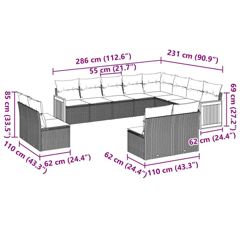 Set Divani da Giardino 12 pz con Cuscini Nero in Polyrattan | homemem39