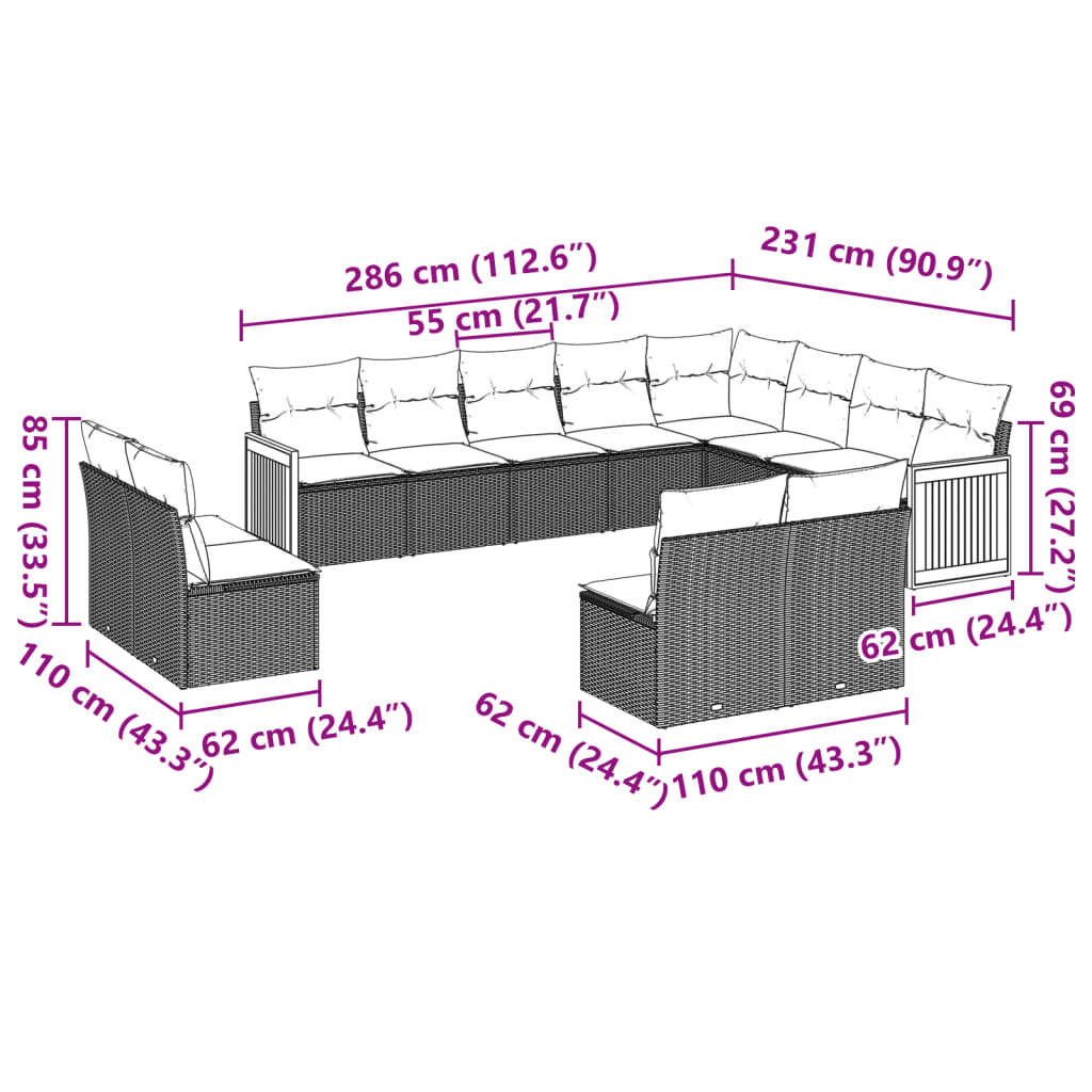 Set Divani da Giardino 12 pz con Cuscini Nero in Polyrattan | homemem39