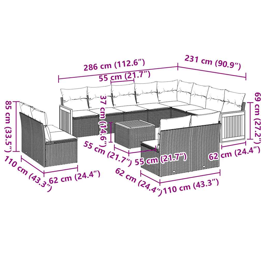 Set Divani da Giardino 13pz con Cuscini Nero in Polyrattan | homemem39