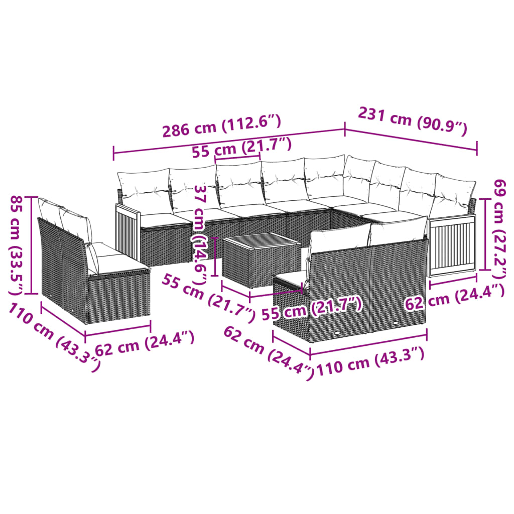 Set Divani da Giardino 13pz con Cuscini Nero in Polyrattan | homemem39