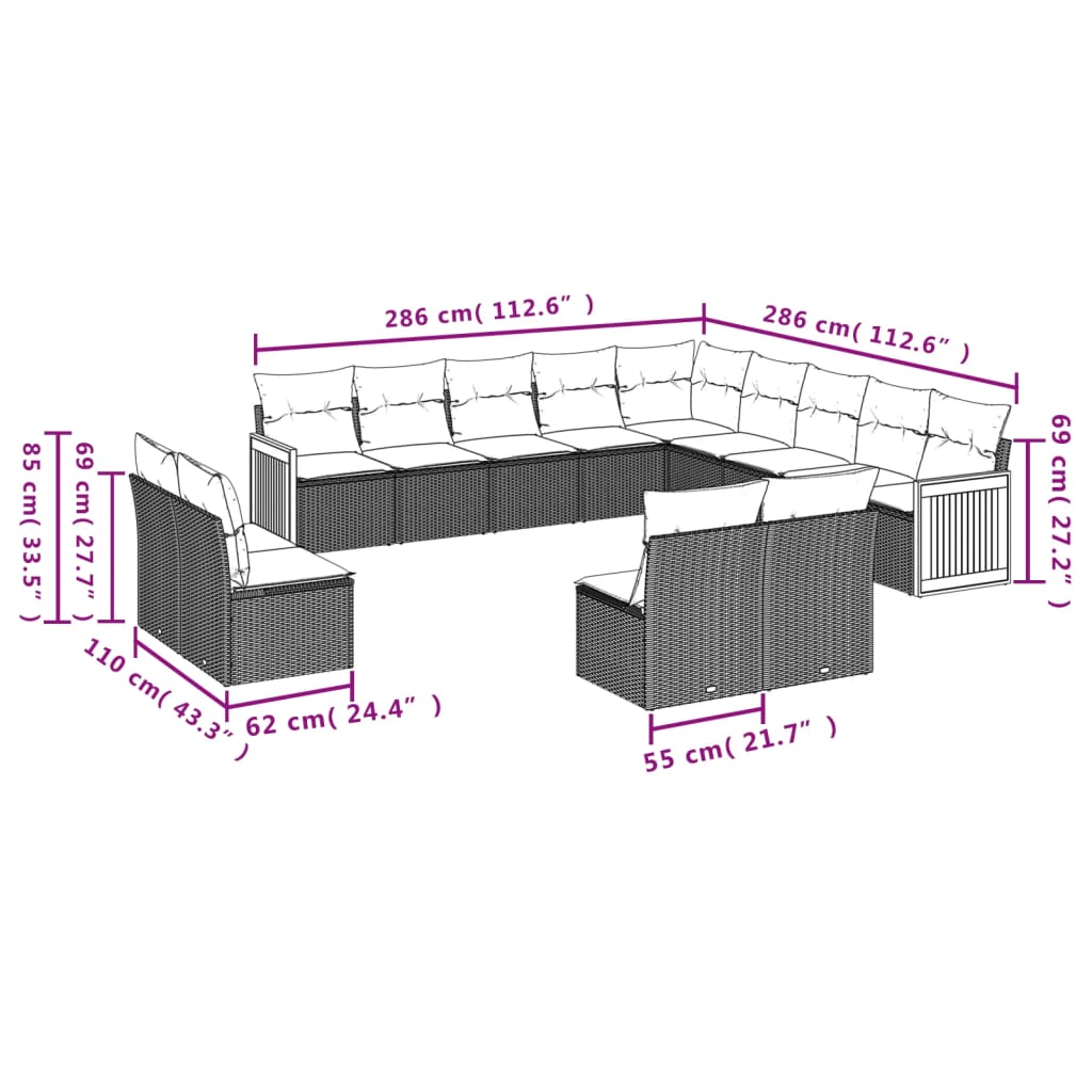 Set Divani da Giardino 13 pz con Cuscini Grigio in Polyrattan | homemem39
