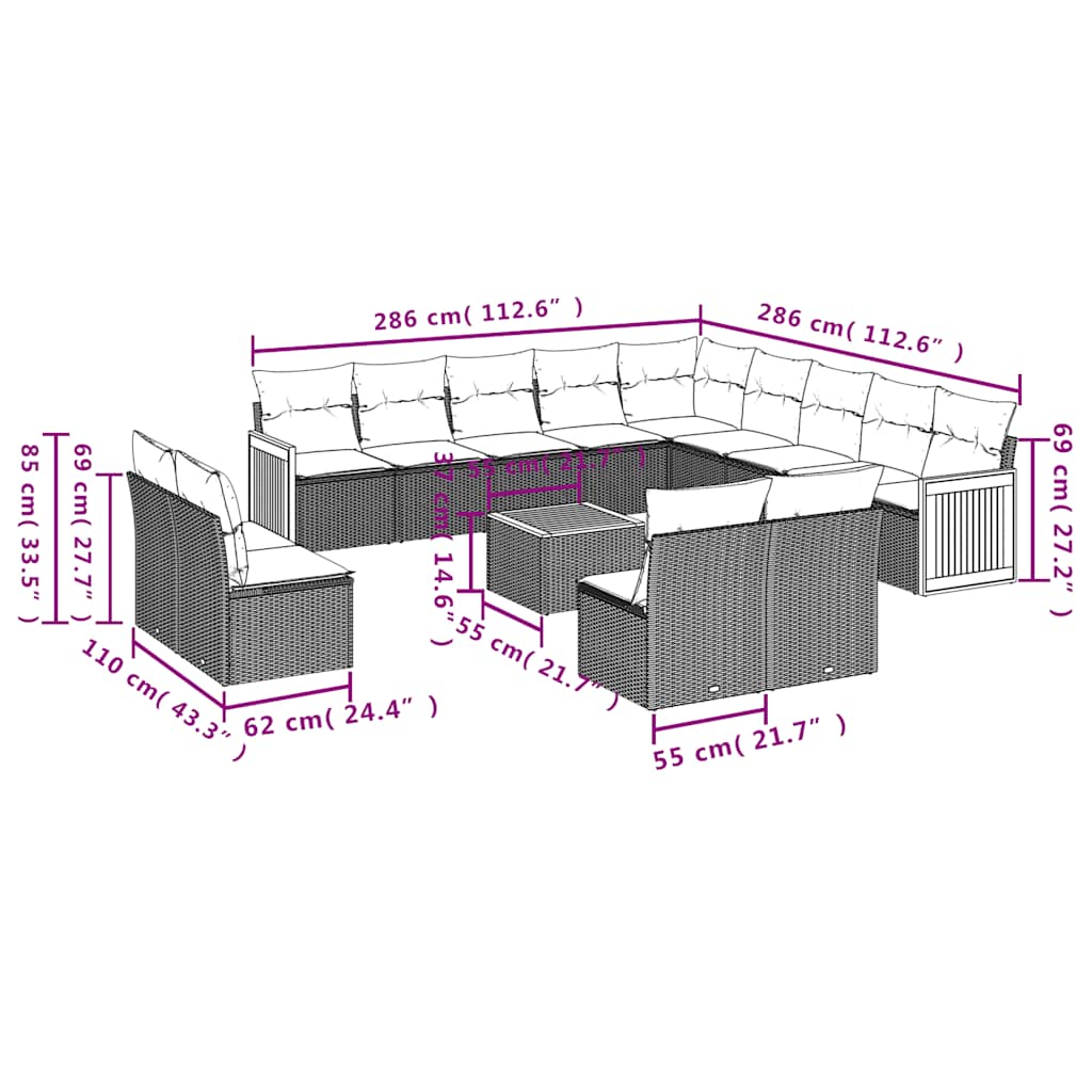 Set Divani da Giardino 14pz con Cuscini in Polyrattan Nero | homemem39