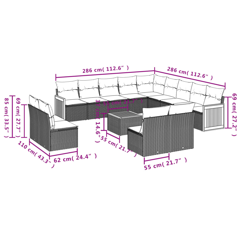 Set Divani da Giardino 14pz con Cuscini in Polyrattan Nero | homemem39
