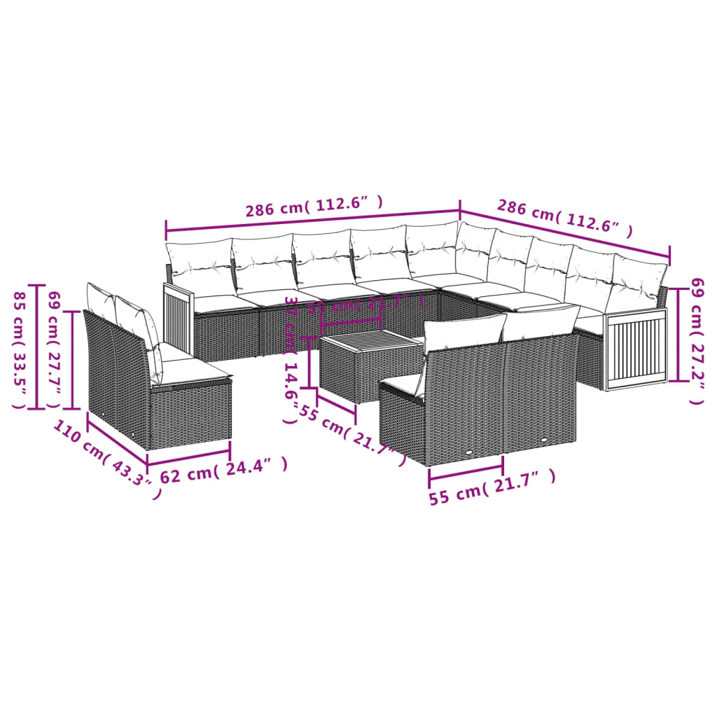 Set Divani da Giardino 14pz con Cuscini in Polyrattan Grigio | homemem39