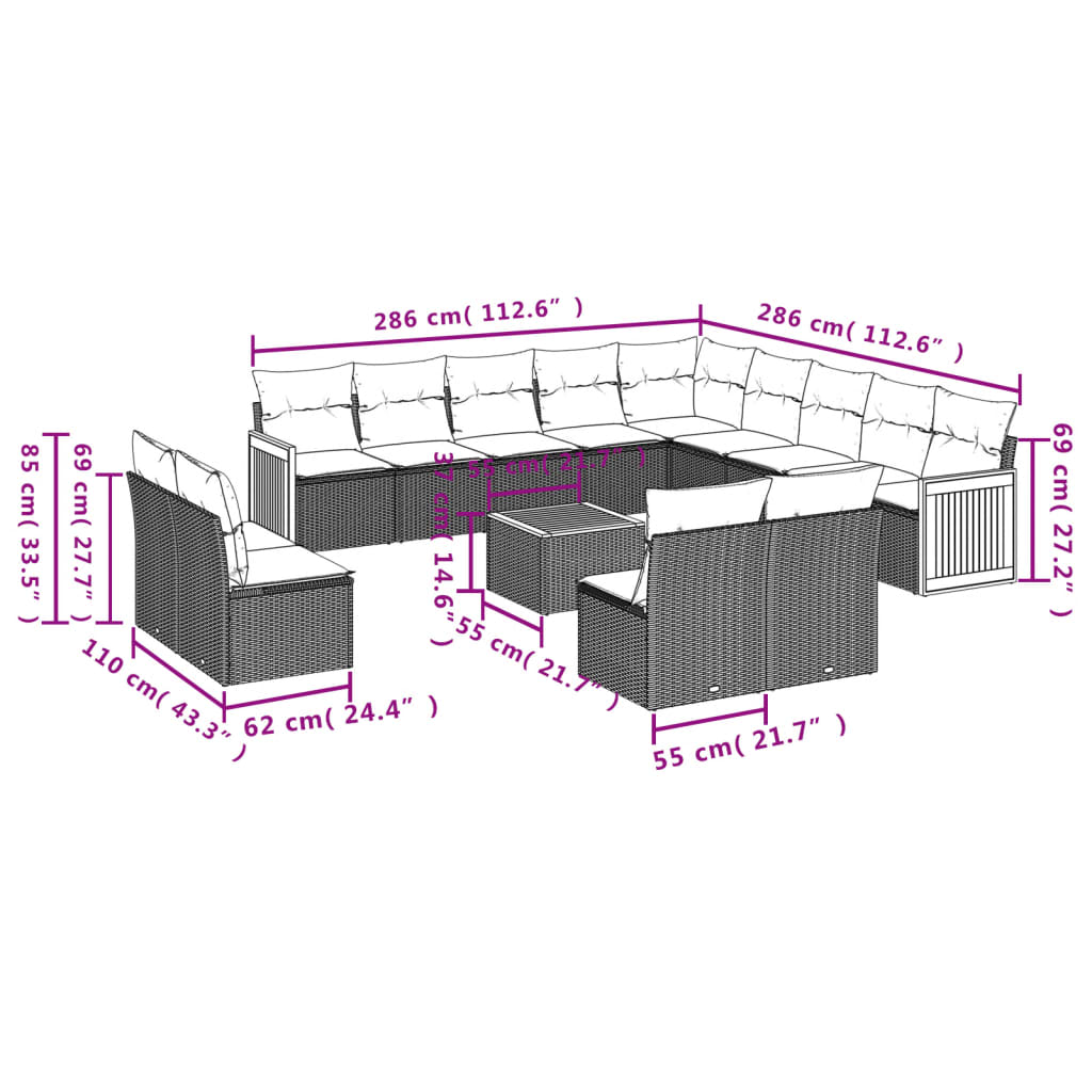 Set Divani da Giardino 14 pz con Cuscini Grigio in Polyrattan | homemem39