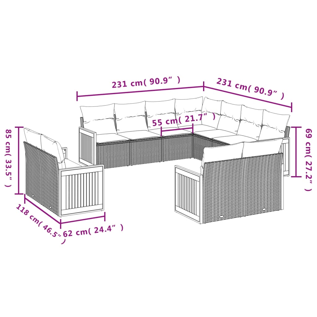 Set Divani da Giardino 11 pz con Cuscini Beige in Polyrattan | homemem39