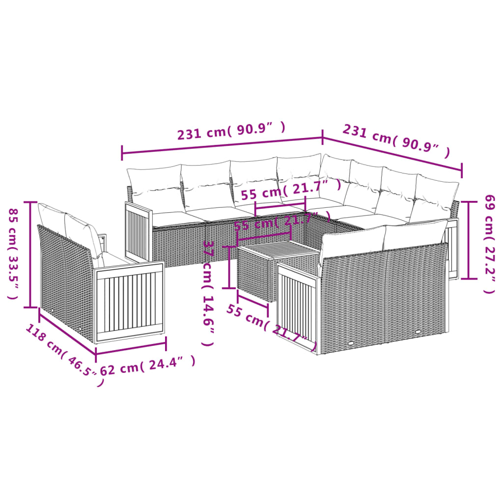 Set Divani da Giardino 12 pz con Cuscini Nero in Polyrattan | homemem39