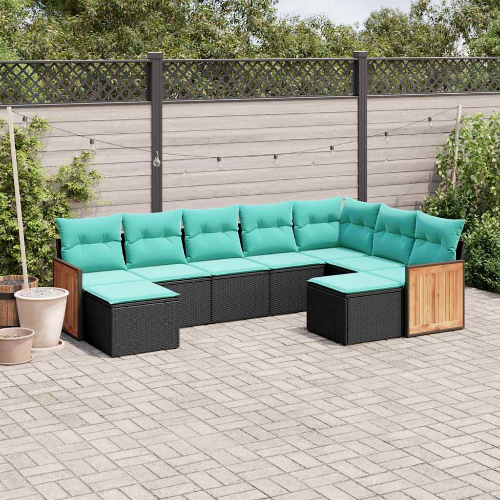 Set Divani da Giardino 9 pz con Cuscini Nero in Polyrattan | homemem39
