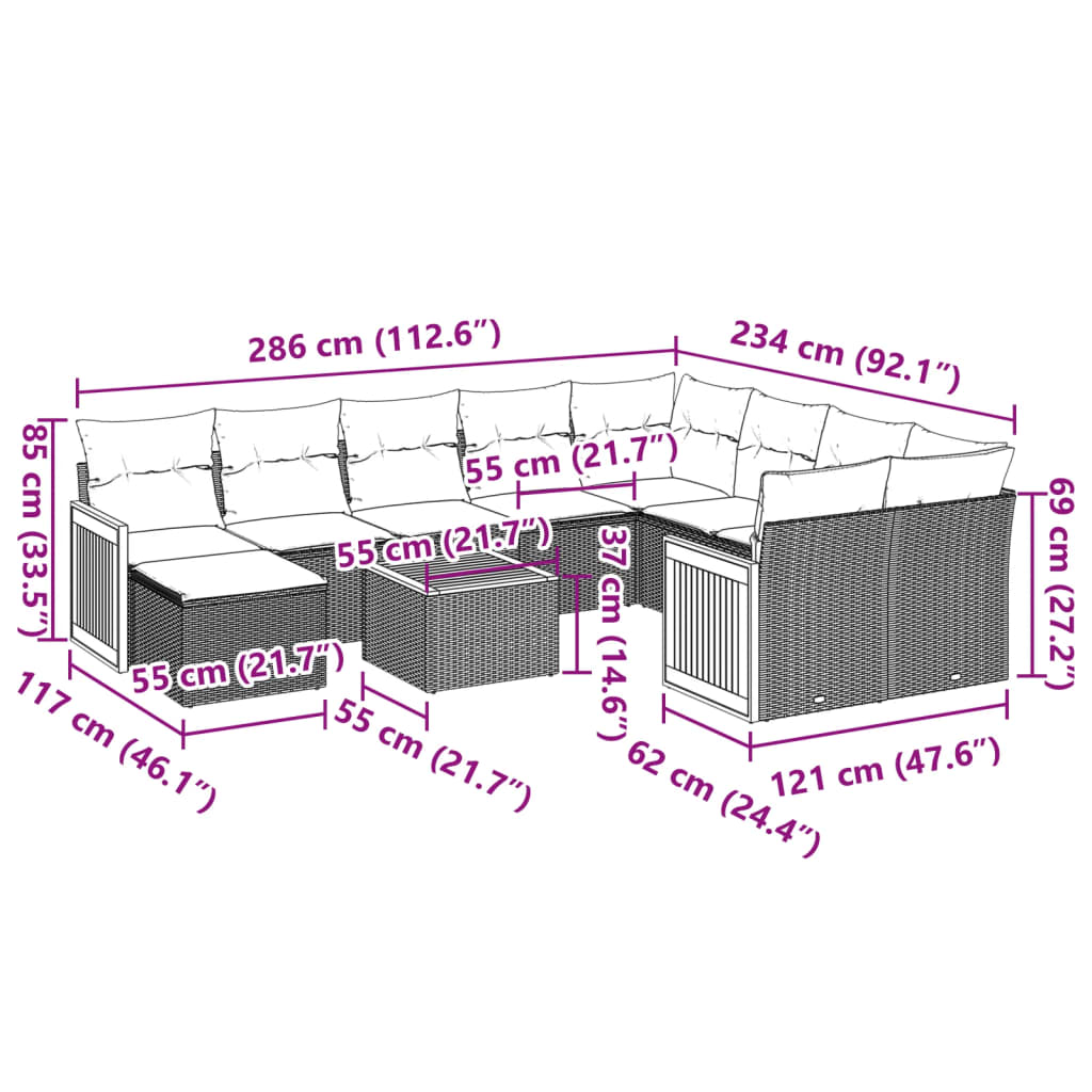 Set Divani da Giardino 11 pz con Cuscini in Polyrattan Nero | homemem39