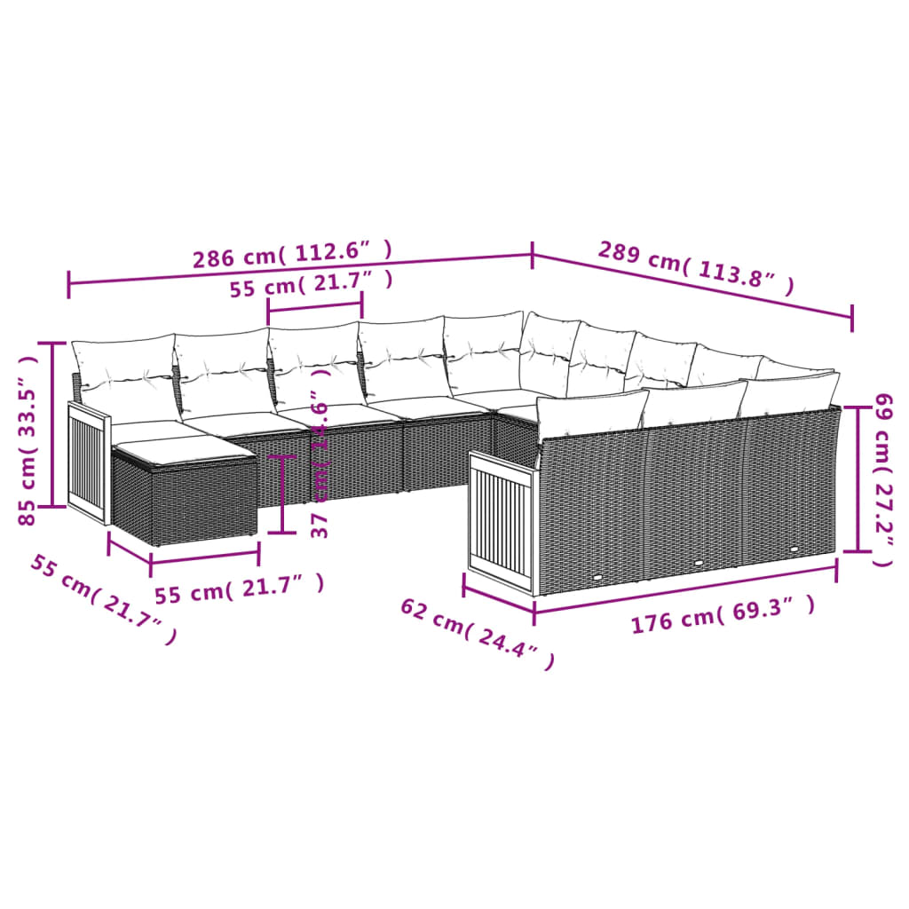Set Divani da Giardino 12 pz con Cuscini Grigio in Polyrattan | homemem39