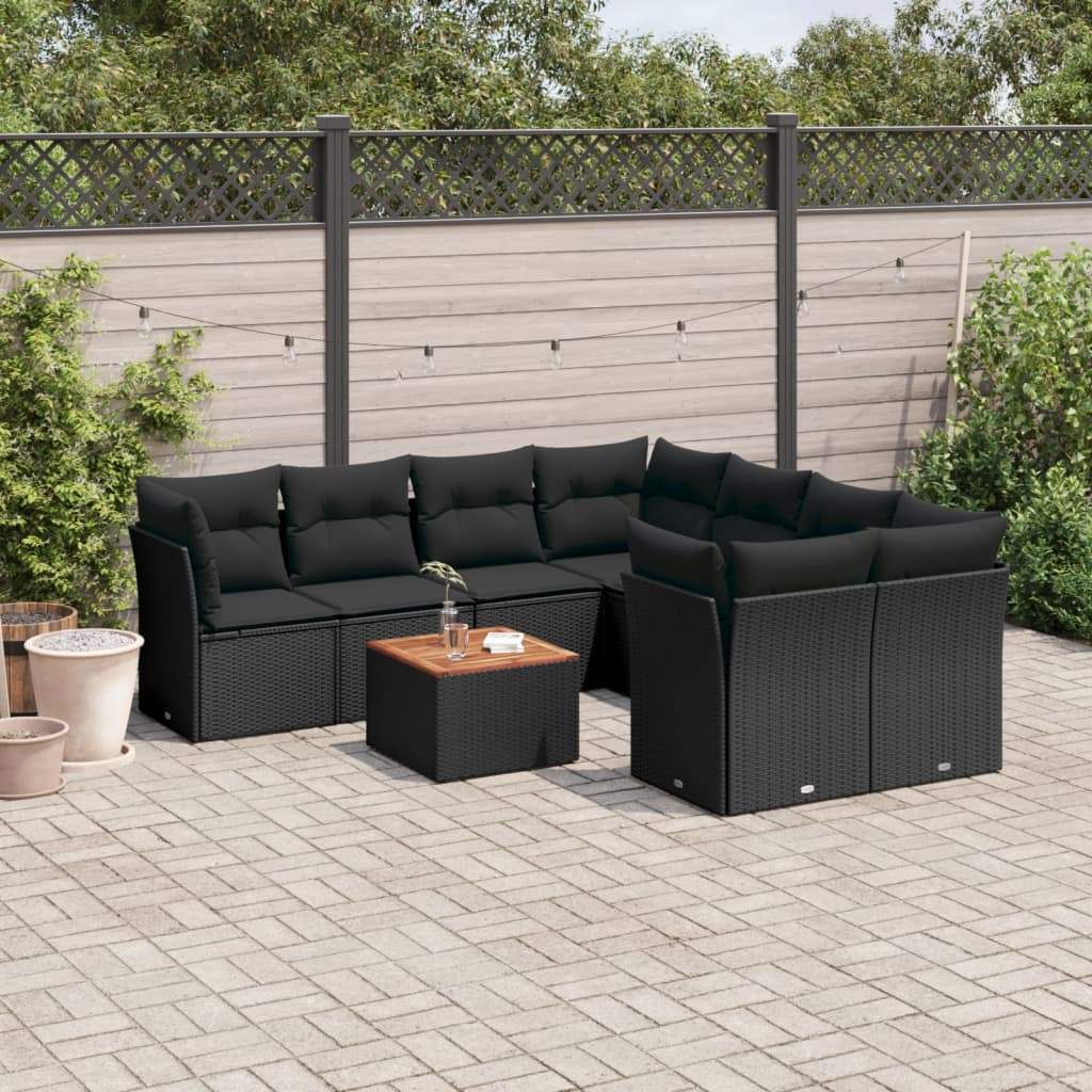 Set Divani da Giardino 9 pz con Cuscini Nero in Polyrattan - homemem39