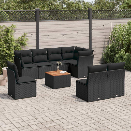 Set Divani da Giardino 9 pz con Cuscini Nero in Polyrattan - homemem39
