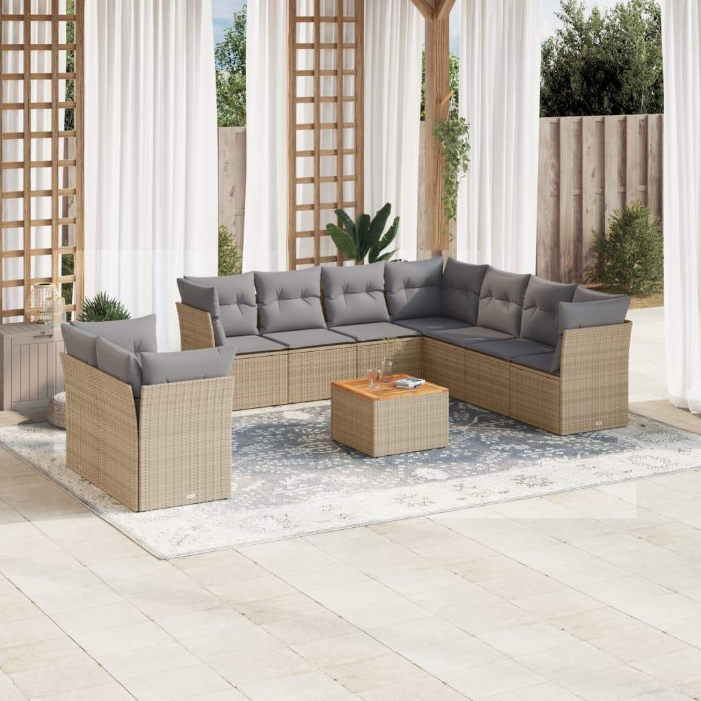 Set Divano da Giardino 10 pz con Cuscini Beige in Polyrattan - homemem39