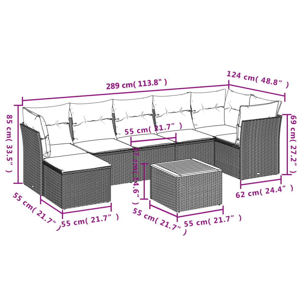 Set Divani da Giardino con Cuscini 8 pz Nero in Polyrattan
