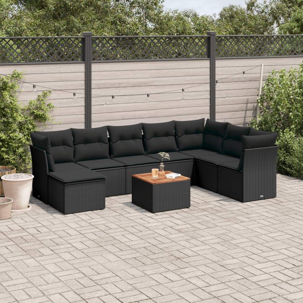 Set Divani da Giardino 9 pz con Cuscini Nero in Polyrattan - homemem39