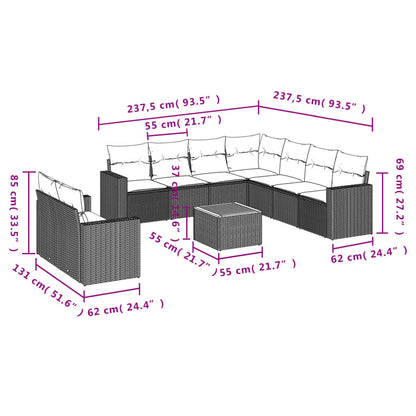 Set Divani da Giardino 10pz con Cuscini in Polyrattan Nero