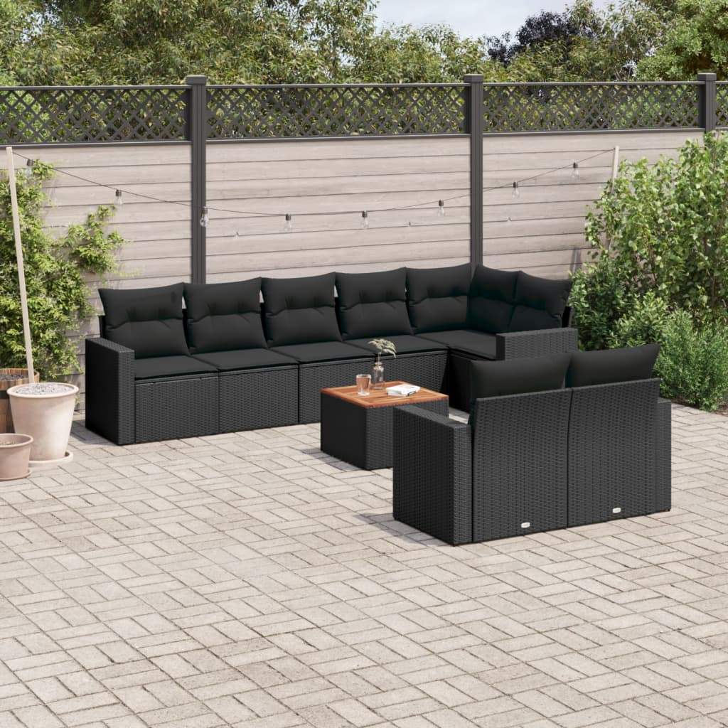 Set Divani da Giardino 9 pz con Cuscini Nero in Polyrattan - homemem39