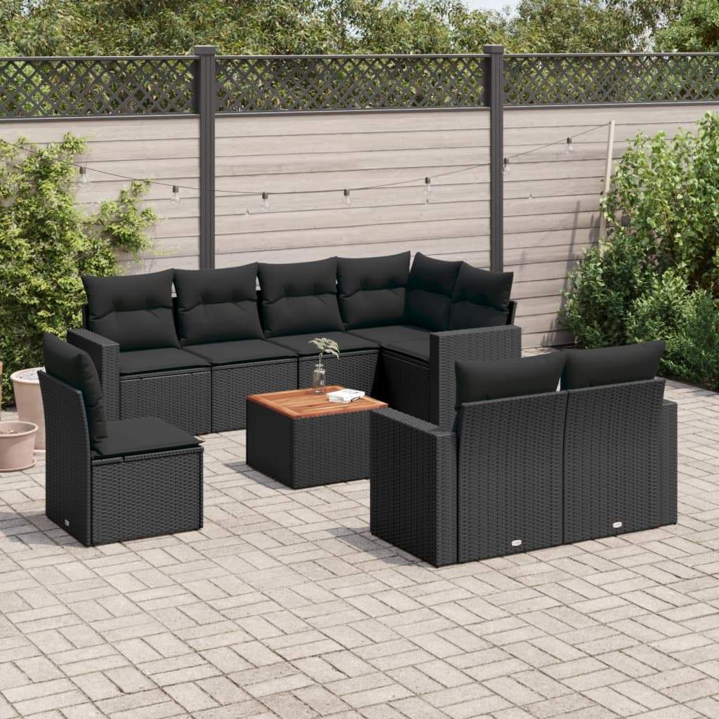 Set Divani da Giardino 9 pz con Cuscini Nero in Polyrattan - homemem39