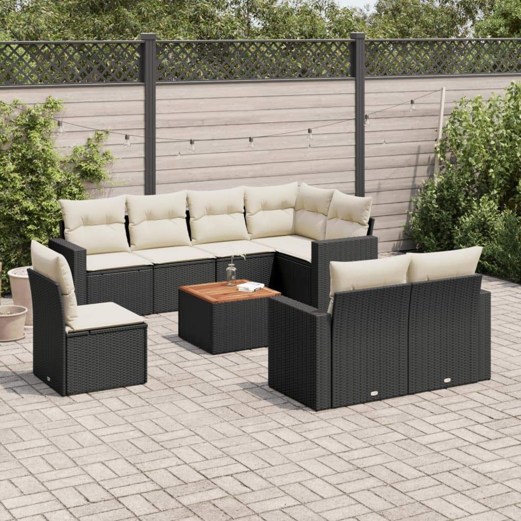 Set Divani da Giardino 9 pz con Cuscini Nero in Polyrattan - homemem39
