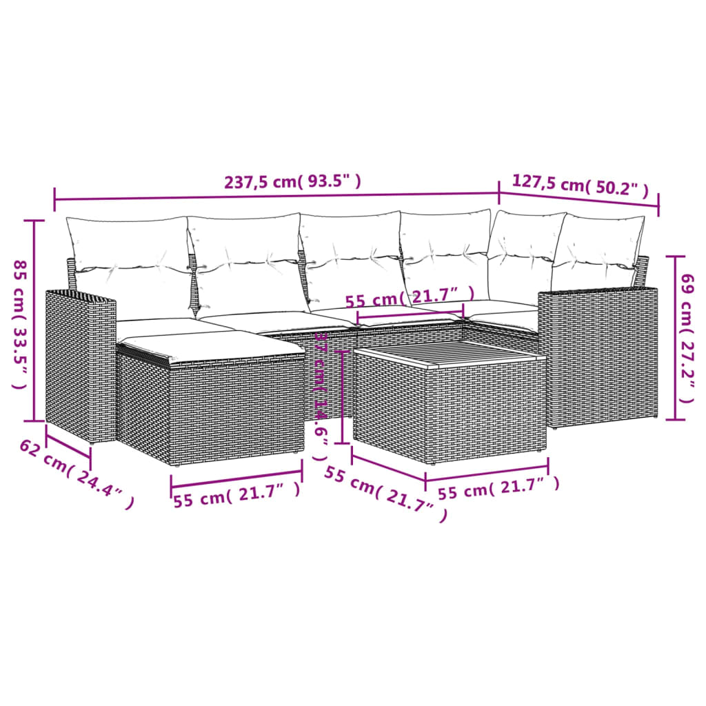 Set Divani da Giardino con Cuscini 7pz Nero Polyrattan