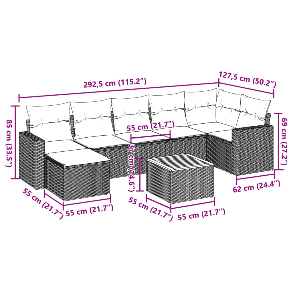 Set Divano da Giardino 8 pz con Cuscini Beige in Polyrattan