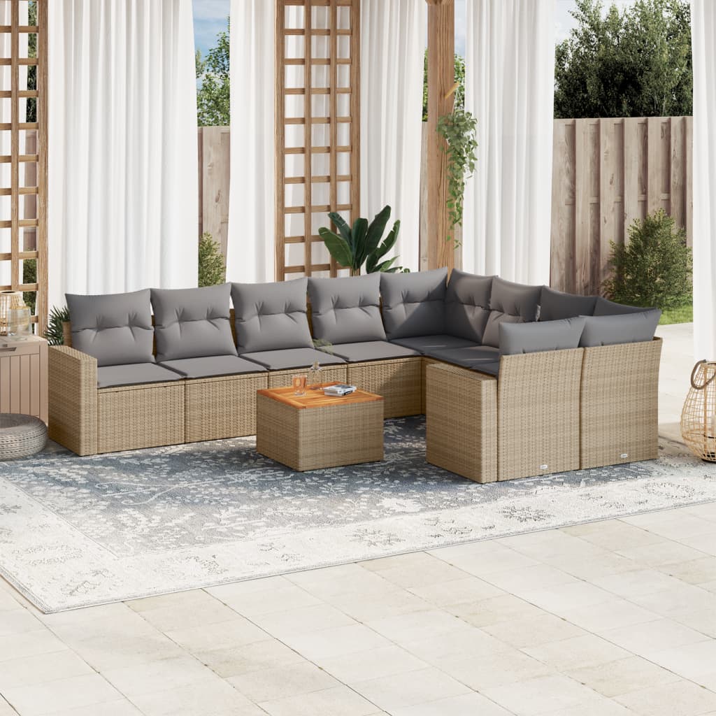 Set Divano da Giardino 10 pz con Cuscini Beige in Polyrattan