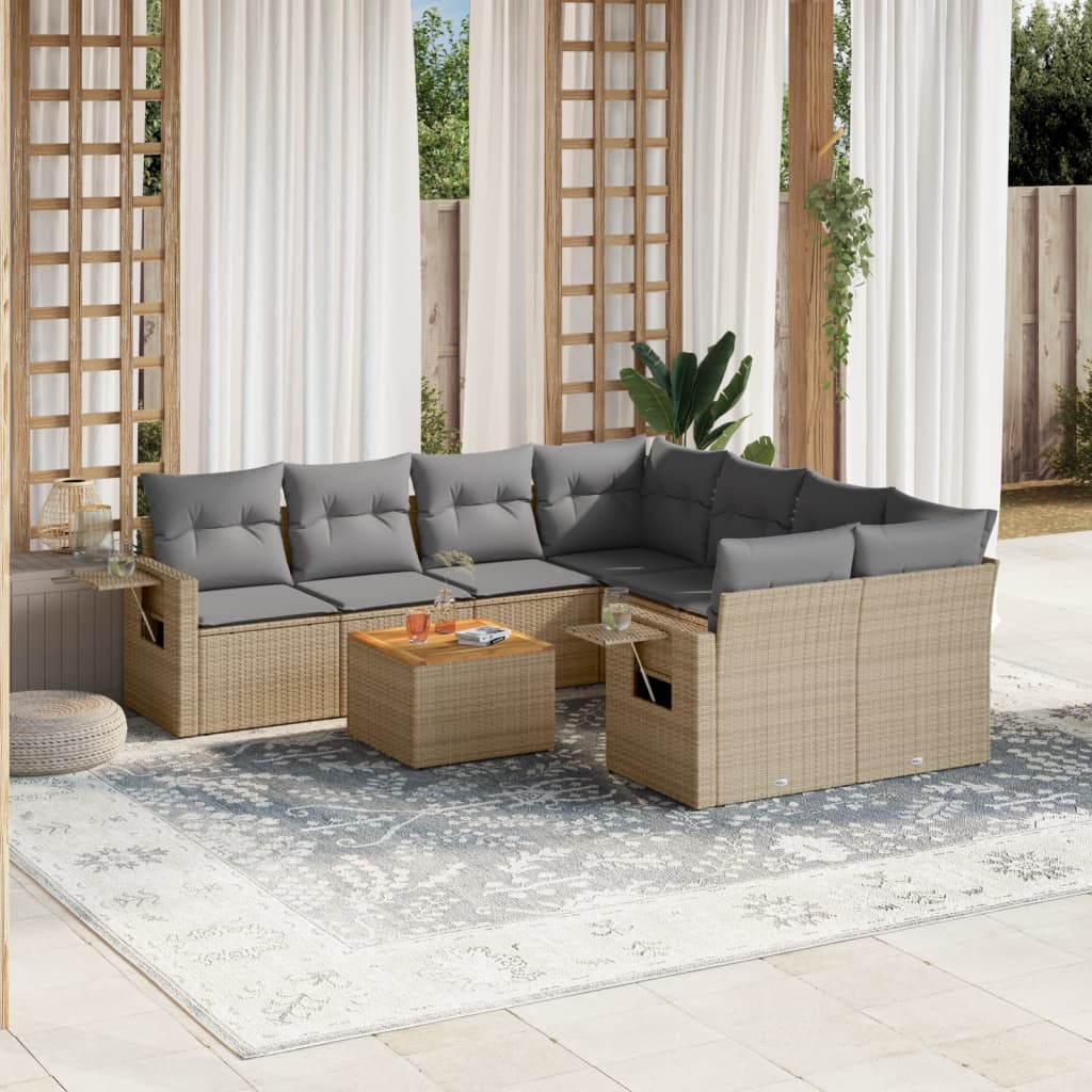 Set Divano da Giardino 9 pz con Cuscini Beige in Polyrattan